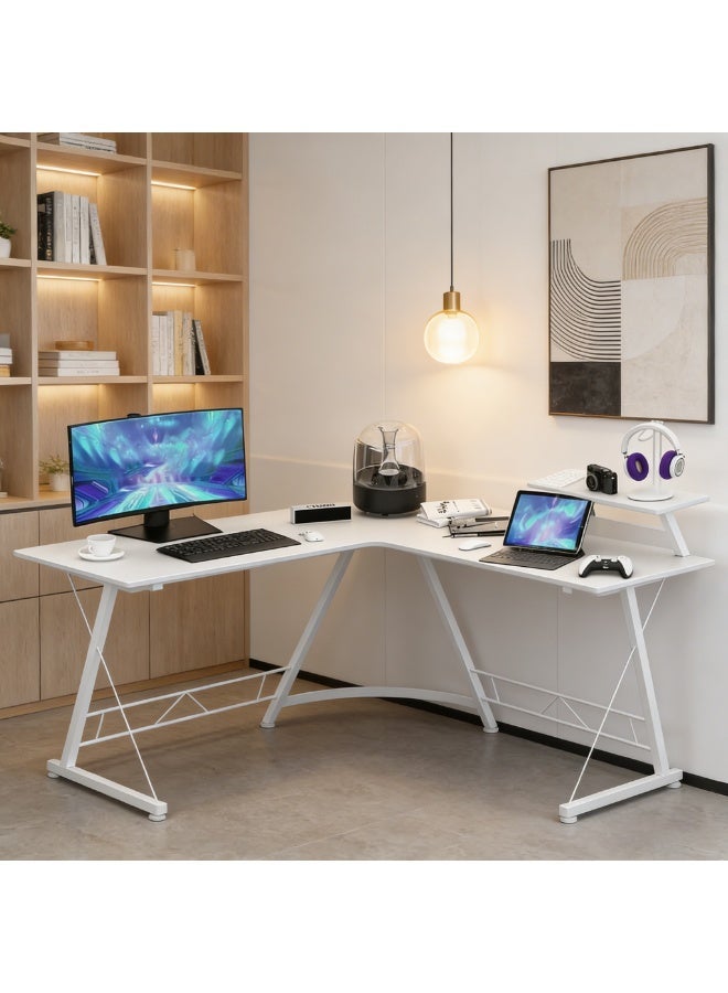 أنفانكي Anvanke L-Shaped Gaming Desk 51"+51"، مكتب كمبيوتر زاوية مع موقف شاشة، محطة عمل مكتب منزلي توفر مساحة، طاولة لعبة سهلة التجميع  أبيض - Image 1